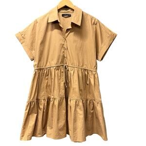 Deluc Mini Shirt Dress Tan Cotton Coastal Short Sleeve Collared Popover